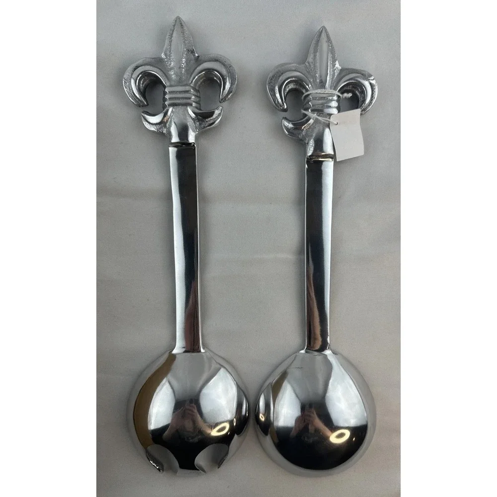 Vintage Fleur de lis‎ Cast Aluminum Salad Tongs Fork Spoon Serving Set India NEW